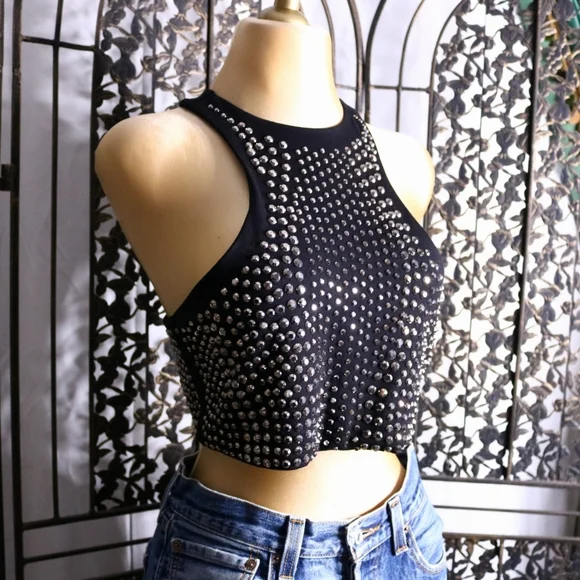 Black Studded Women's Crop Top, Medium, Night Out Tops - Picture 3 of 7